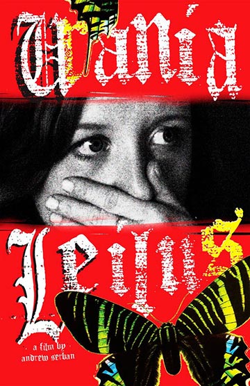 Urania Leilus movie poster. Black and white image of woman covering her mouth with her hand between words Urania Leilus and above drawing of a black and yellow butterfly.